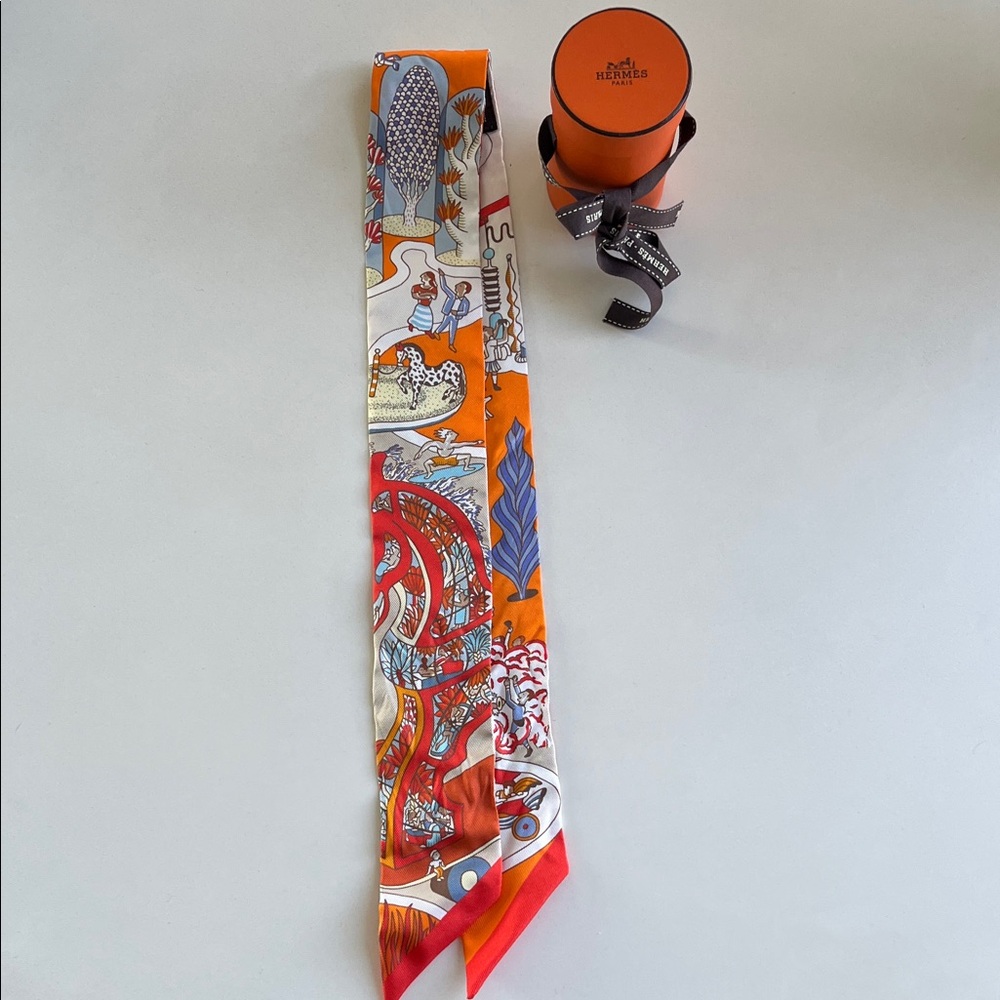 Hermes Orange Multicolor Silk Twilly-LIKE NEW